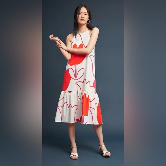 Corey Lynn Calter Dresses & Skirts - Anthropologie Zola Red White Floral Shift Halter Dress Ruffle Artsy Mod Small